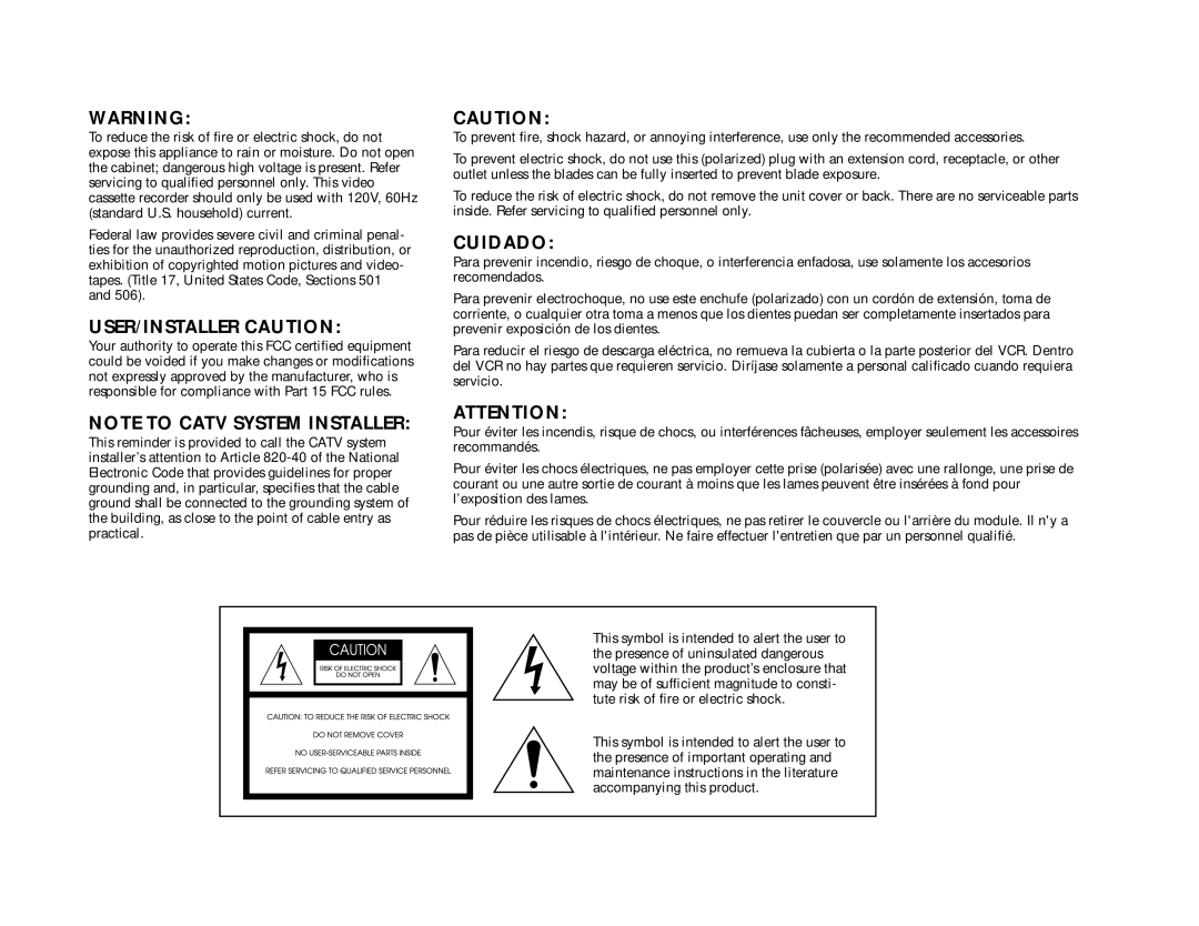 Go-Video DDV9355 manual USER/INSTALLER Caution 