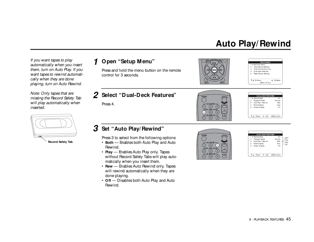 Go-Video DDV9355 manual Set Auto Play/Rewind 