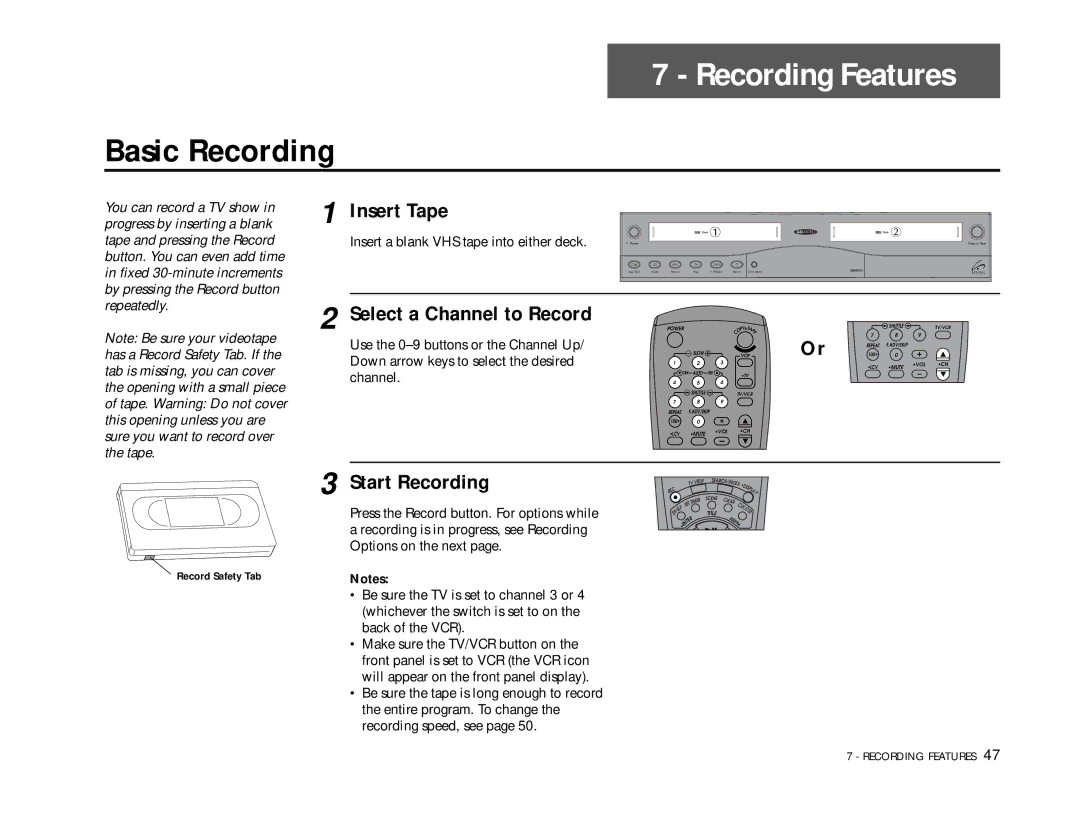 Go-Video DDV9355 manual Recording Features, Basic Recording, Select a Channel to Record, Start Recording 