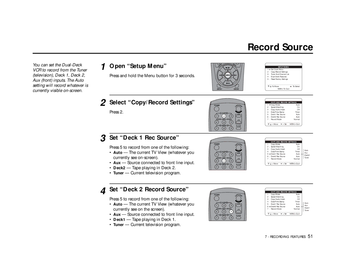 Go-Video DDV9355 manual Set Deck 1 Rec Source, Set Deck 2 Record Source 