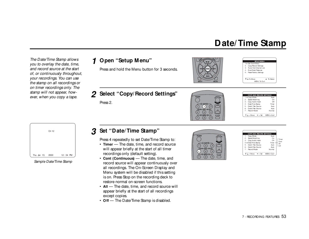 Go-Video DDV9355 manual Set Date/Time Stamp 