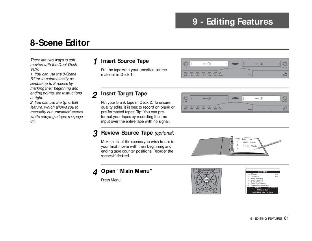 Go-Video DDV9355 manual Editing Features, Scene Editor, Insert Source Tape, Review Source Tape optional 