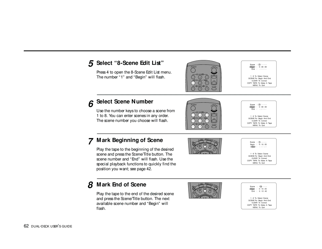 Go-Video DDV9355 manual Select 8-Scene Edit List, Select Scene Number, Mark Beginning of Scene, Mark End of Scene 