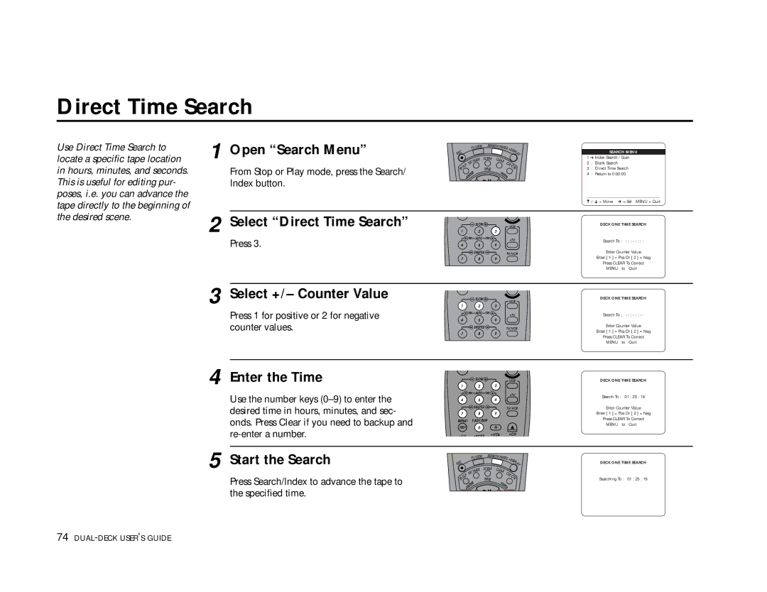 Go-Video DDV9355 manual Direct Time Search, Open Search Menu, Select +/- Counter Value, Enter the Time, Start the Search 