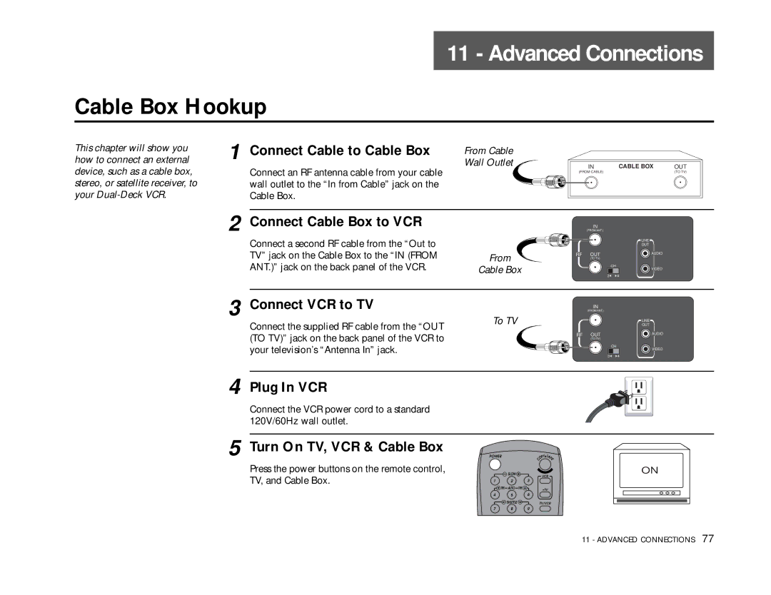 Go-Video DDV9355 manual Advanced Connections, Cable Box Hookup, Connect Cable to Cable Box, Connect Cable Box to VCR 