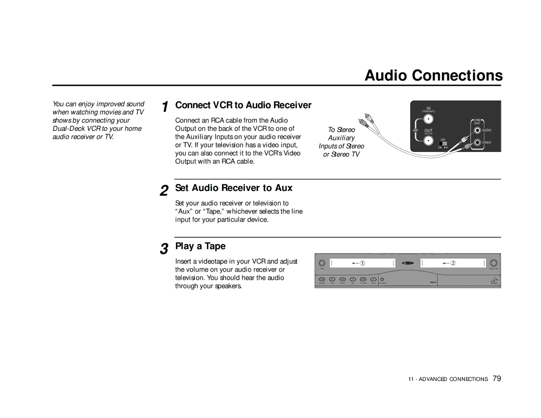 Go-Video DDV9355 manual Audio Connections, Set Audio Receiver to Aux, Play a Tape 