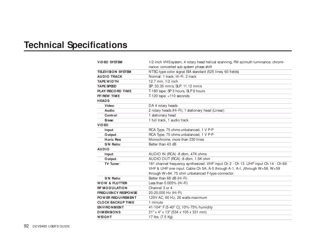 Go-Video DDV9485 manual Technical Specifications, Video System 