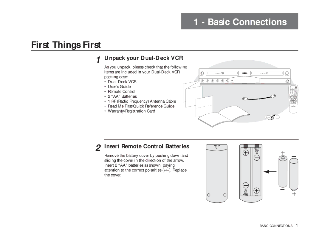 Go-Video DDV9485 manual Basic Connections, First Things First, Unpack your Dual-Deck VCR, Insert Remote Control Batteries 