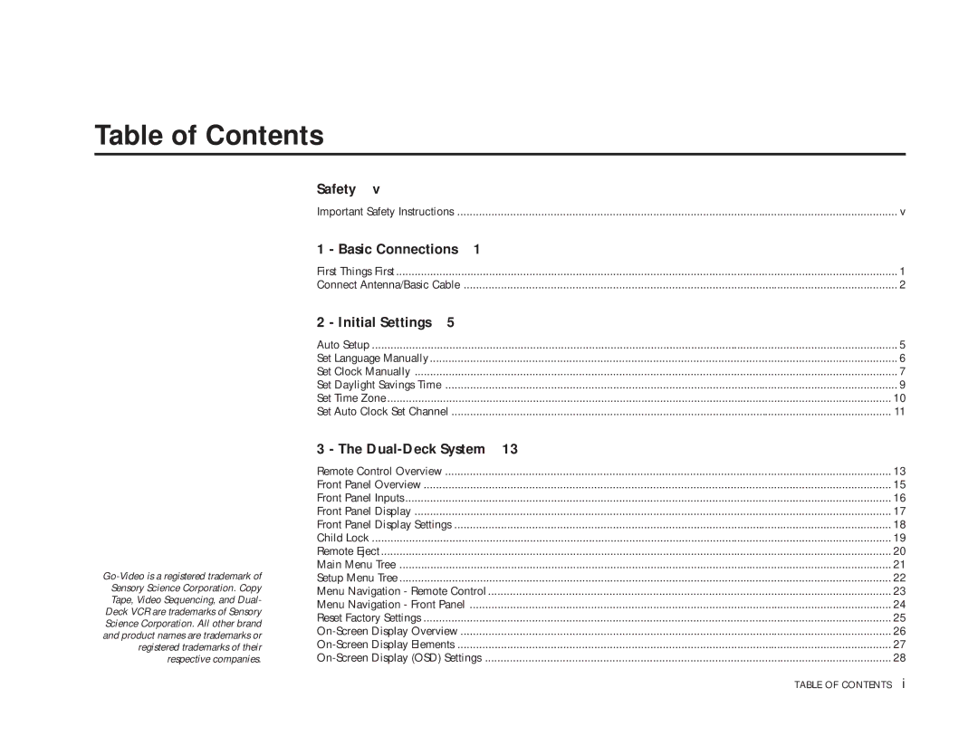 Go-Video DDV9485 manual Table of Contents 