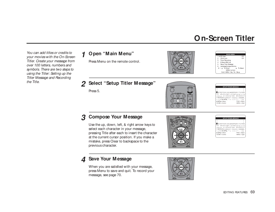 Go-Video DDV9485 manual On-Screen Titler, Select Setup Titler Message, Compose Your Message, Save Your Message 