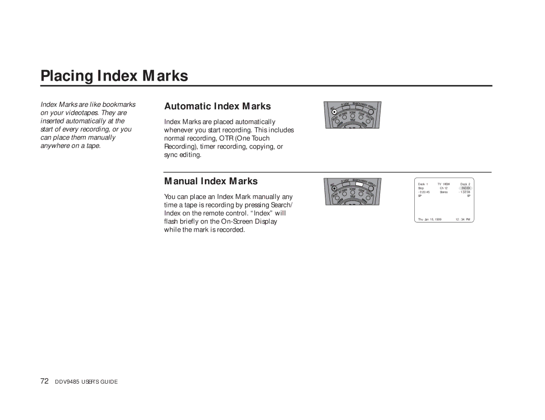 Go-Video DDV9485 manual Placing Index Marks, Automatic Index Marks, Manual Index Marks 