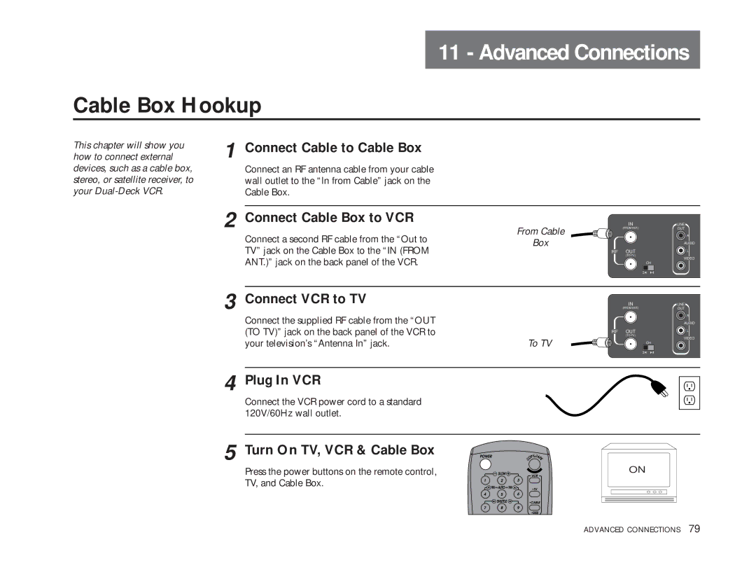 Go-Video DDV9485 manual Advanced Connections, Cable Box Hookup, Connect Cable Box to VCR, Connect VCR to TV 