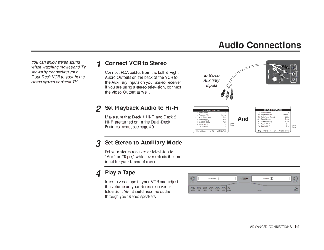 Go-Video DDV9485 manual Audio Connections, Connect VCR to Stereo, Set Playback Audio to Hi-Fi, Set Stereo to Auxiliary Mode 