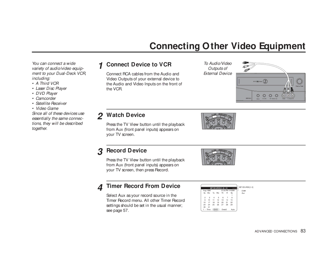 Go-Video DDV9485 manual Connecting Other Video Equipment, Connect Device to VCR, Watch Device, Record Device 