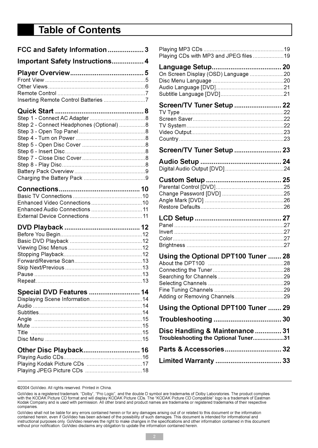 Go-Video DP8440, DP7040 manual Table of Contents 