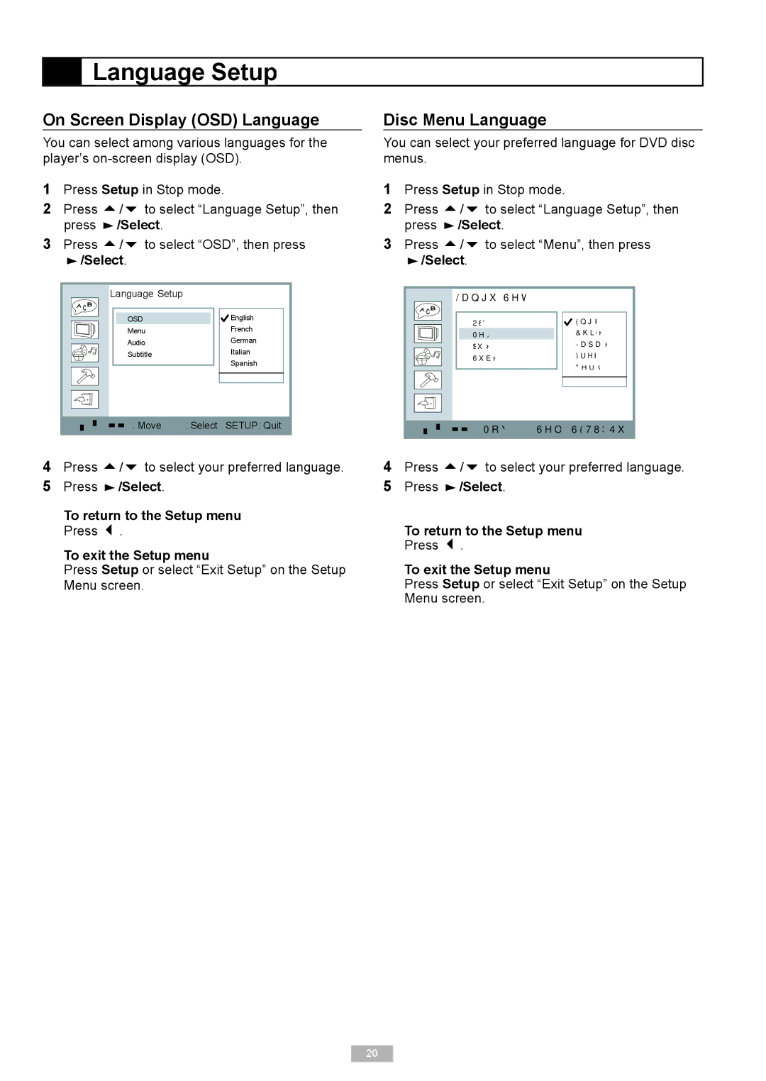 Go-Video DP8440, DP7040 manual Language Setup, On Screen Display OSD Language, Disc Menu Language 