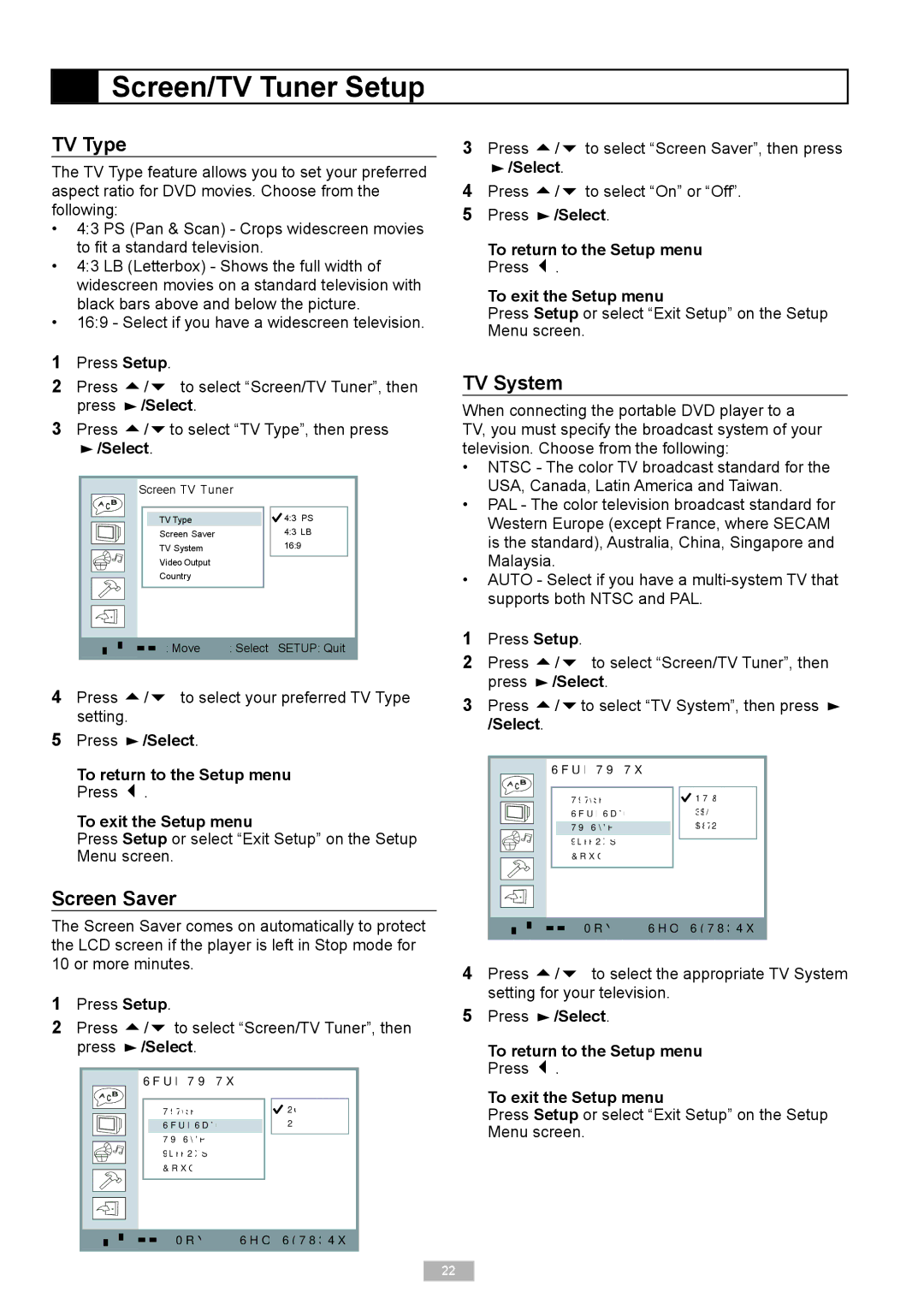 Go-Video DP8440, DP7040 manual Screen/TV Tuner Setup, TV Type, Screen Saver, TV System 