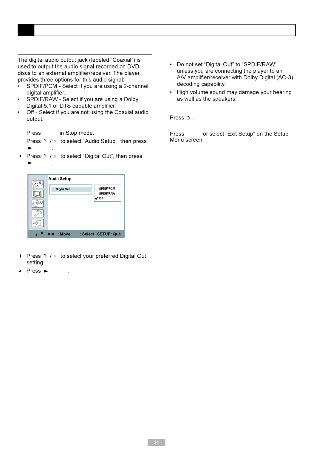 Go-Video DP8440, DP7040 manual Audio Setup, Digital Audio Output DVD, Press  /  to select Digital Out, then press 