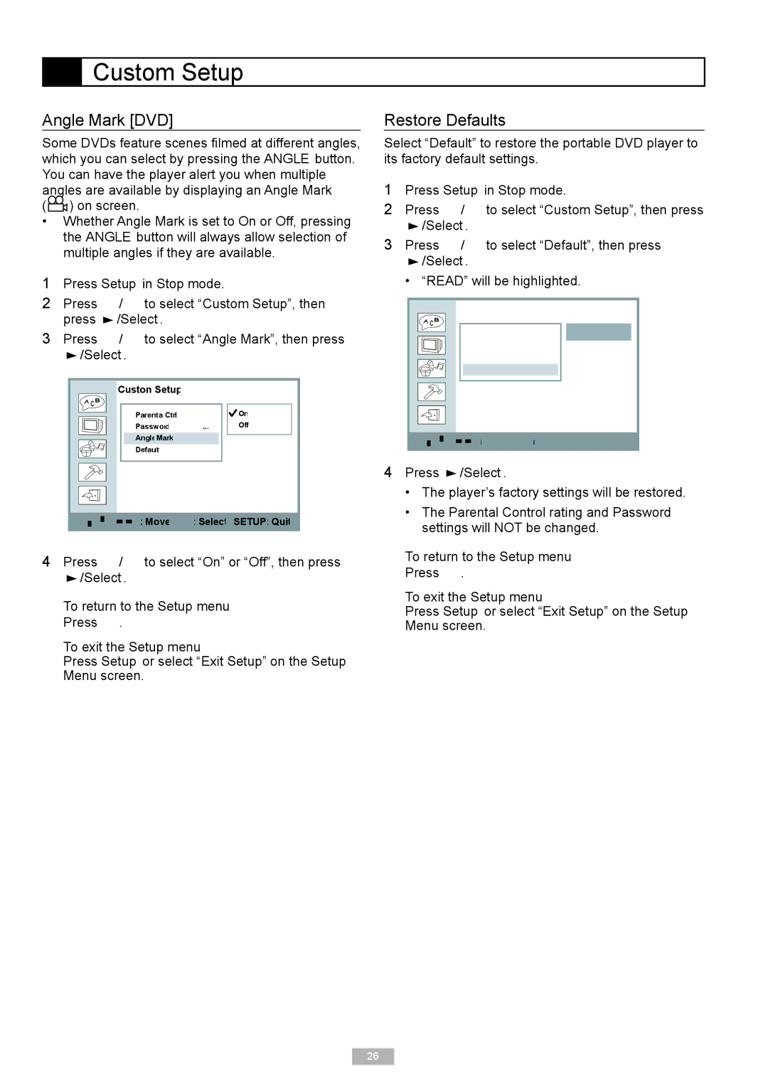 Go-Video DP8440, DP7040 manual Angle Mark DVD, Restore Defaults 