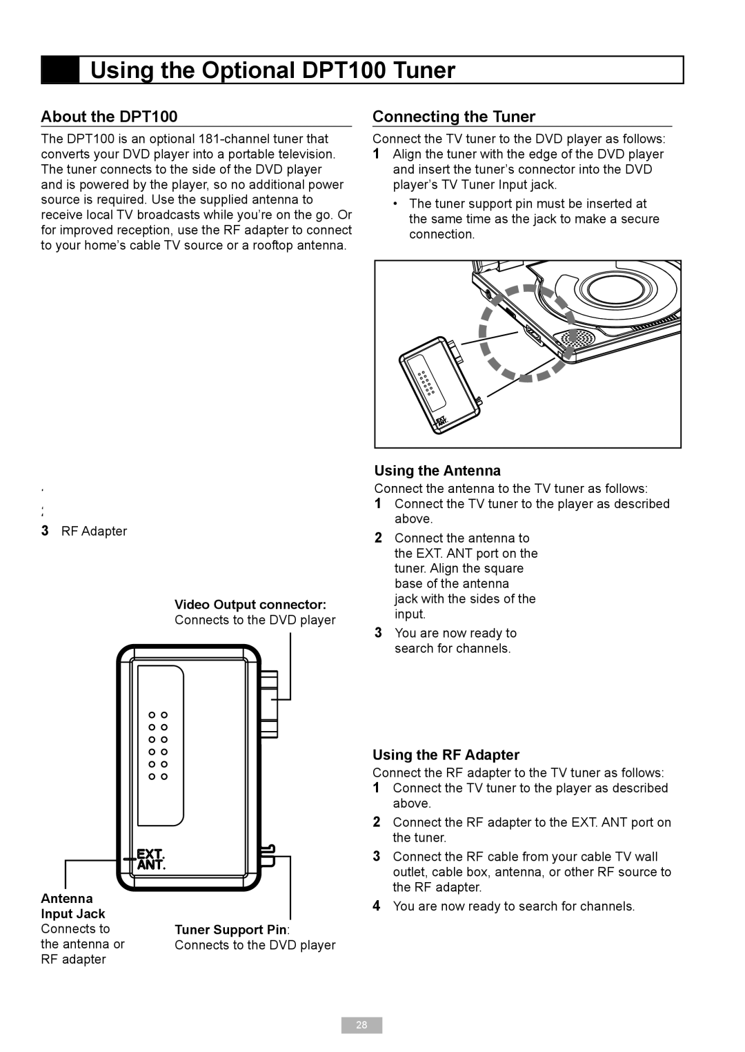 Go-Video DP8440, DP7040 manual Using the Optional DPT100 Tuner, About the DPT100, Connecting the Tuner, Using the Antenna 