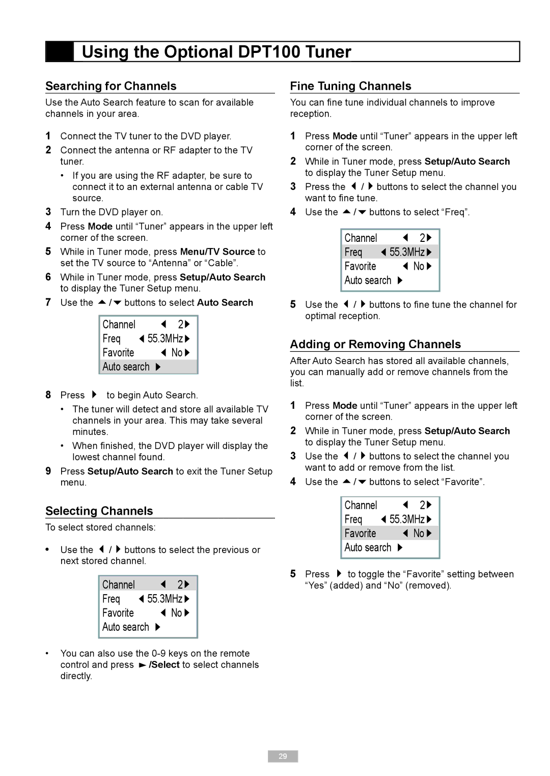 Go-Video DP7040, DP8440 manual Searching for Channels, Freq, Auto search, Selecting Channels, Fine Tuning Channels 