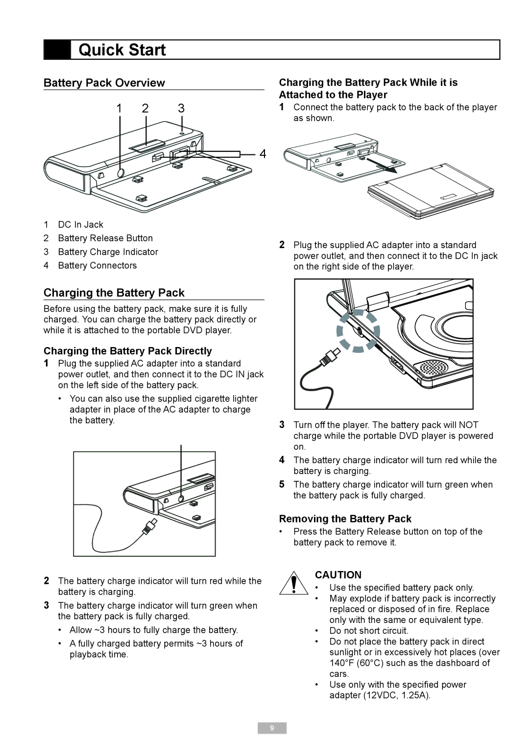 Go-Video DP7040 manual Battery Pack Overview, DC In Jack, Charging the Battery Pack Directly, Removing the Battery Pack 