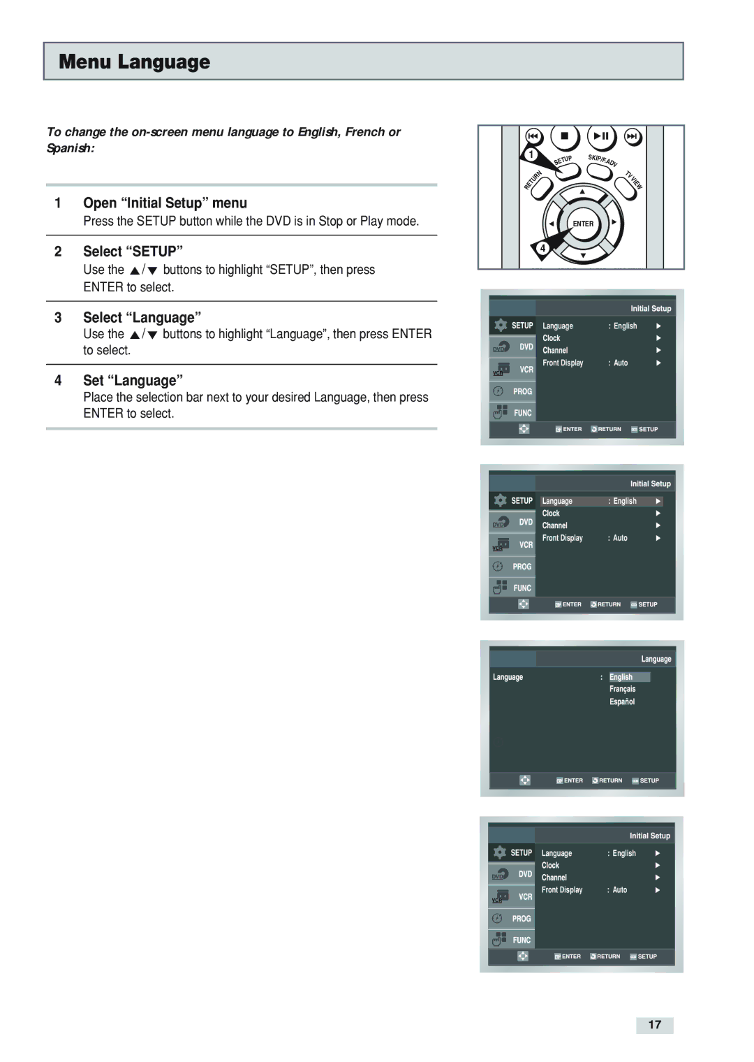 Go-Video DV2130 manual Menu Language, Open Initial Setup menu, Select Setup, Select Language, Set Language 