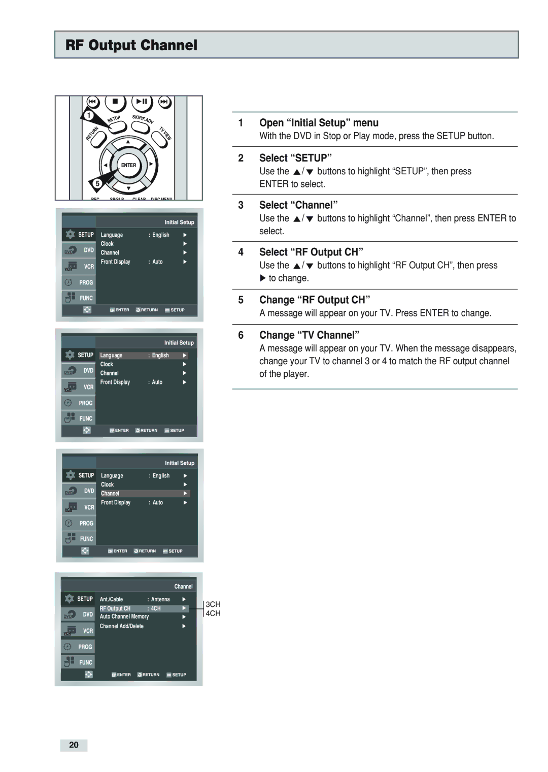 Go-Video DV2130 manual RF Output Channel, Select RF Output CH, Change RF Output CH, Change TV Channel 