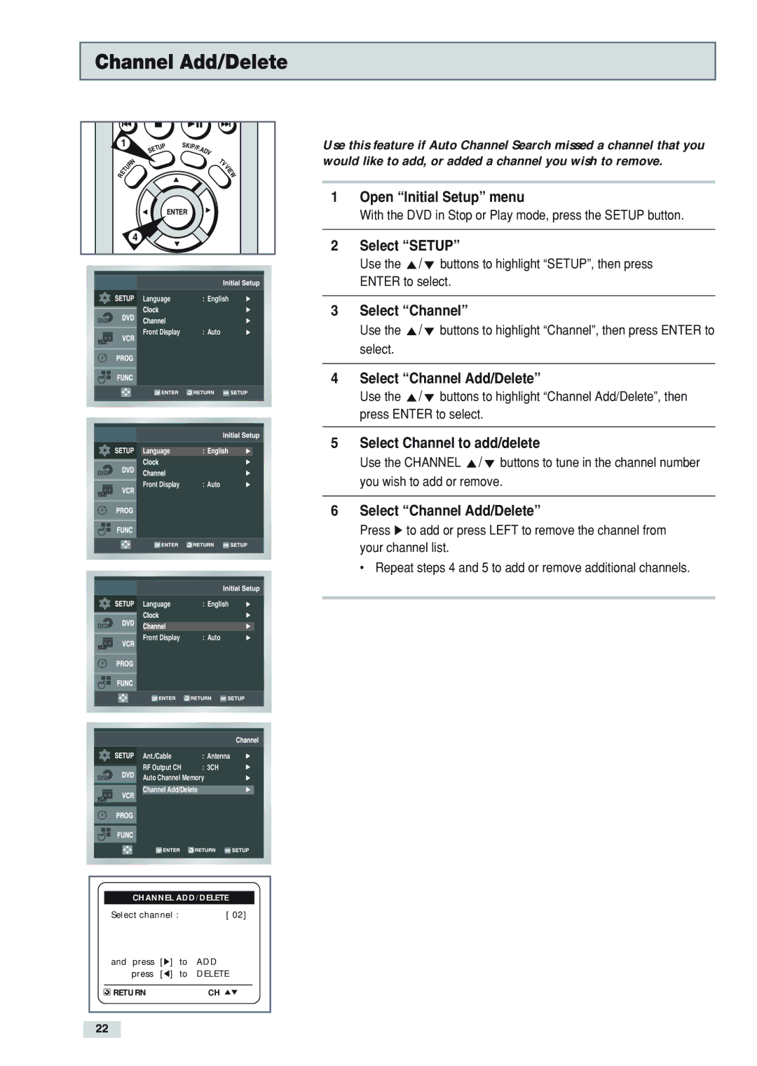 Go-Video DV2130 manual Select Channel Add/Delete, Select Channel to add/delete 