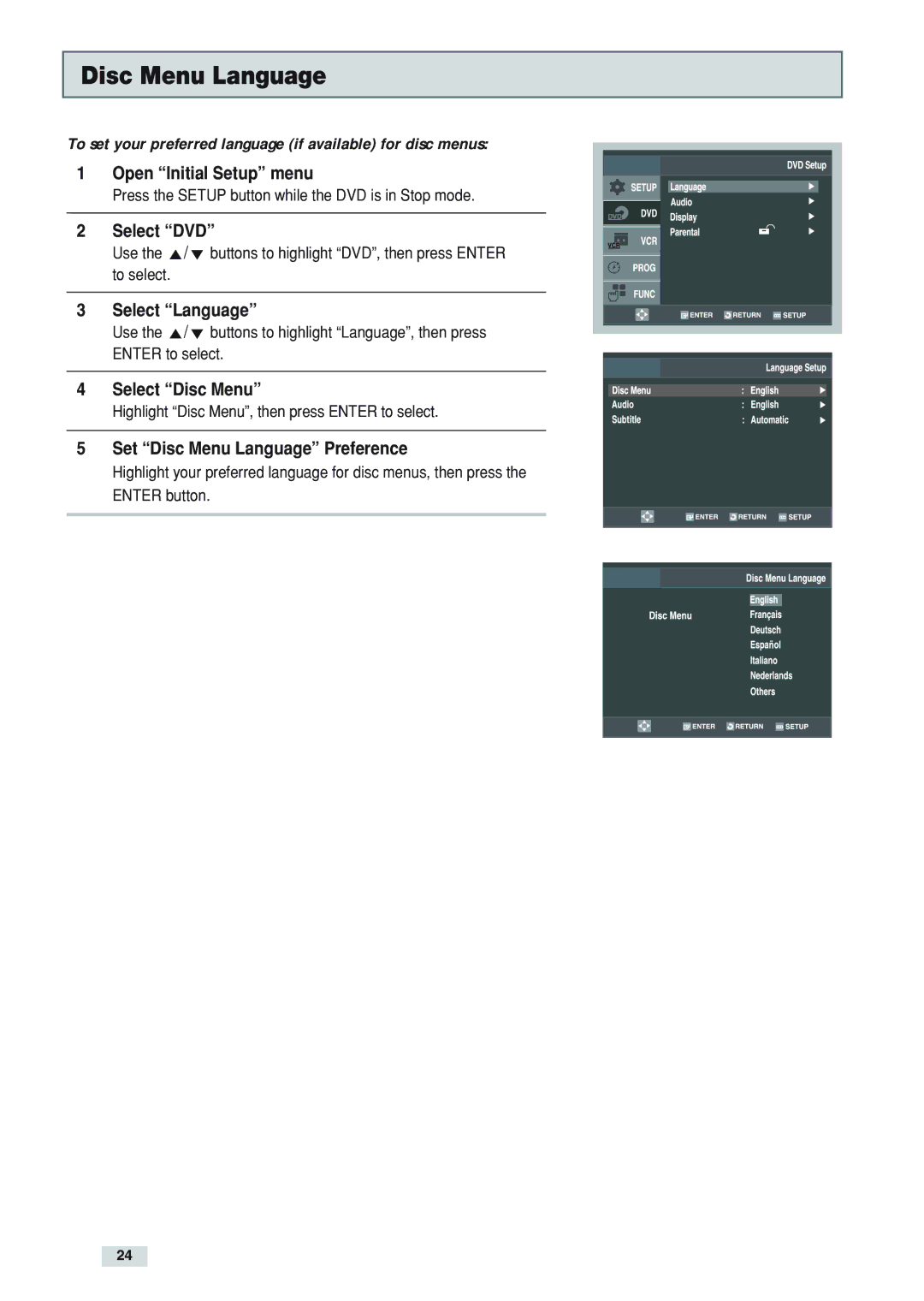 Go-Video DV2130 manual Select DVD, Select Disc Menu, Set Disc Menu Language Preference 