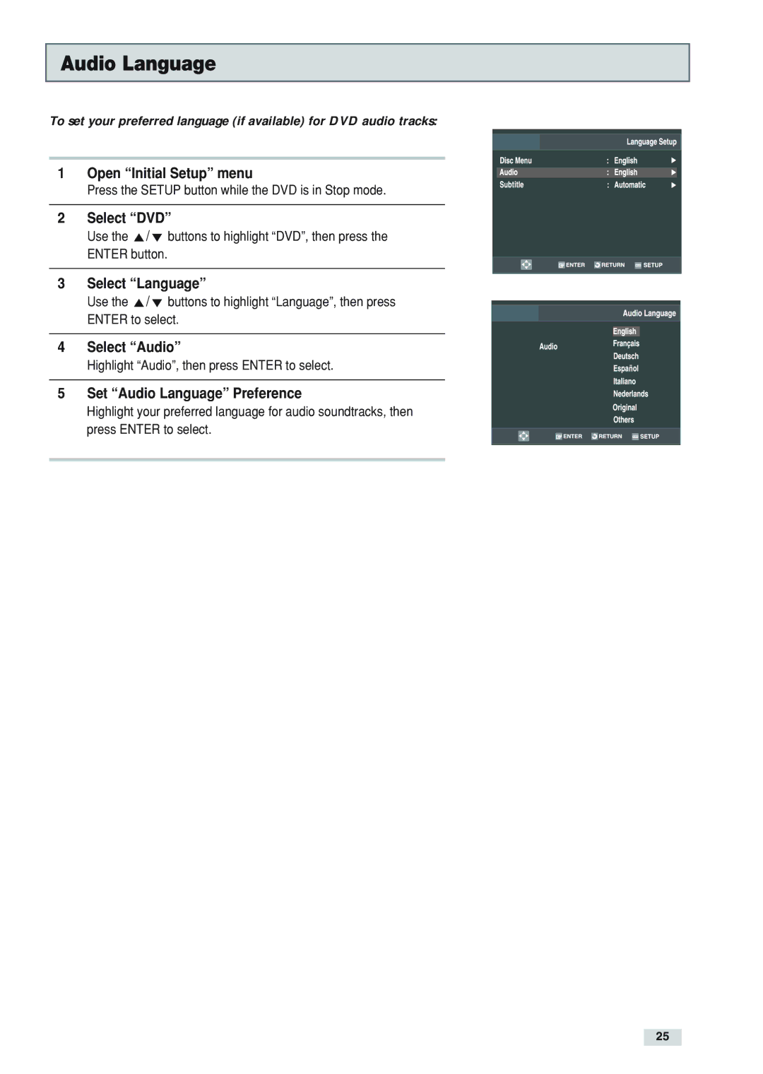 Go-Video DV2130 manual Select Audio, Set Audio Language Preference 