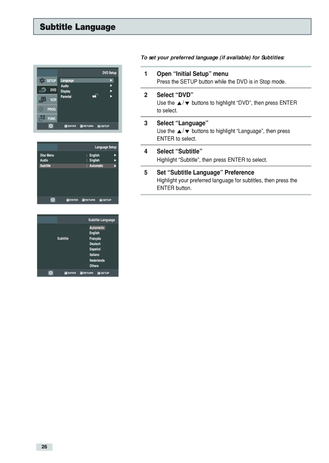 Go-Video DV2130 manual Select Subtitle, Set Subtitle Language Preference 