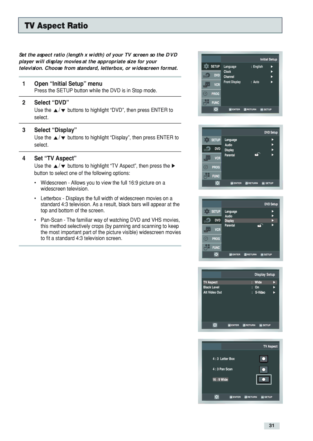 Go-Video DV2130 manual TV Aspect Ratio, Select Display, Set TV Aspect 