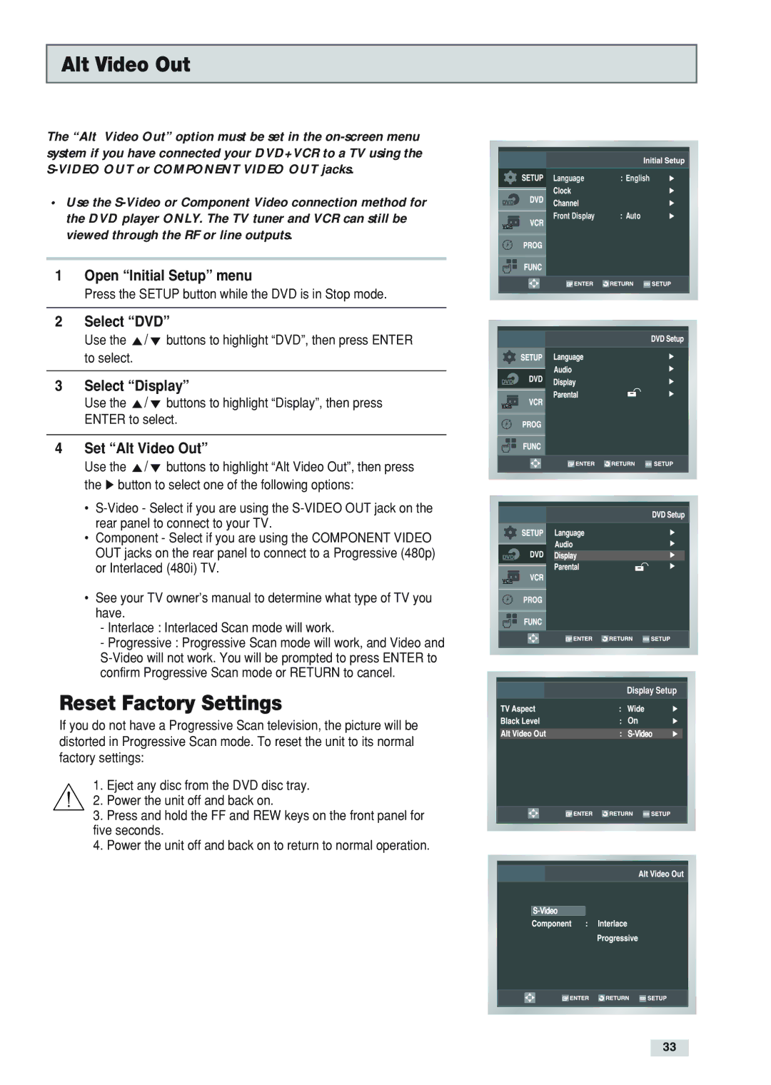 Go-Video DV2130 manual Reset Factory Settings, Set Alt Video Out 