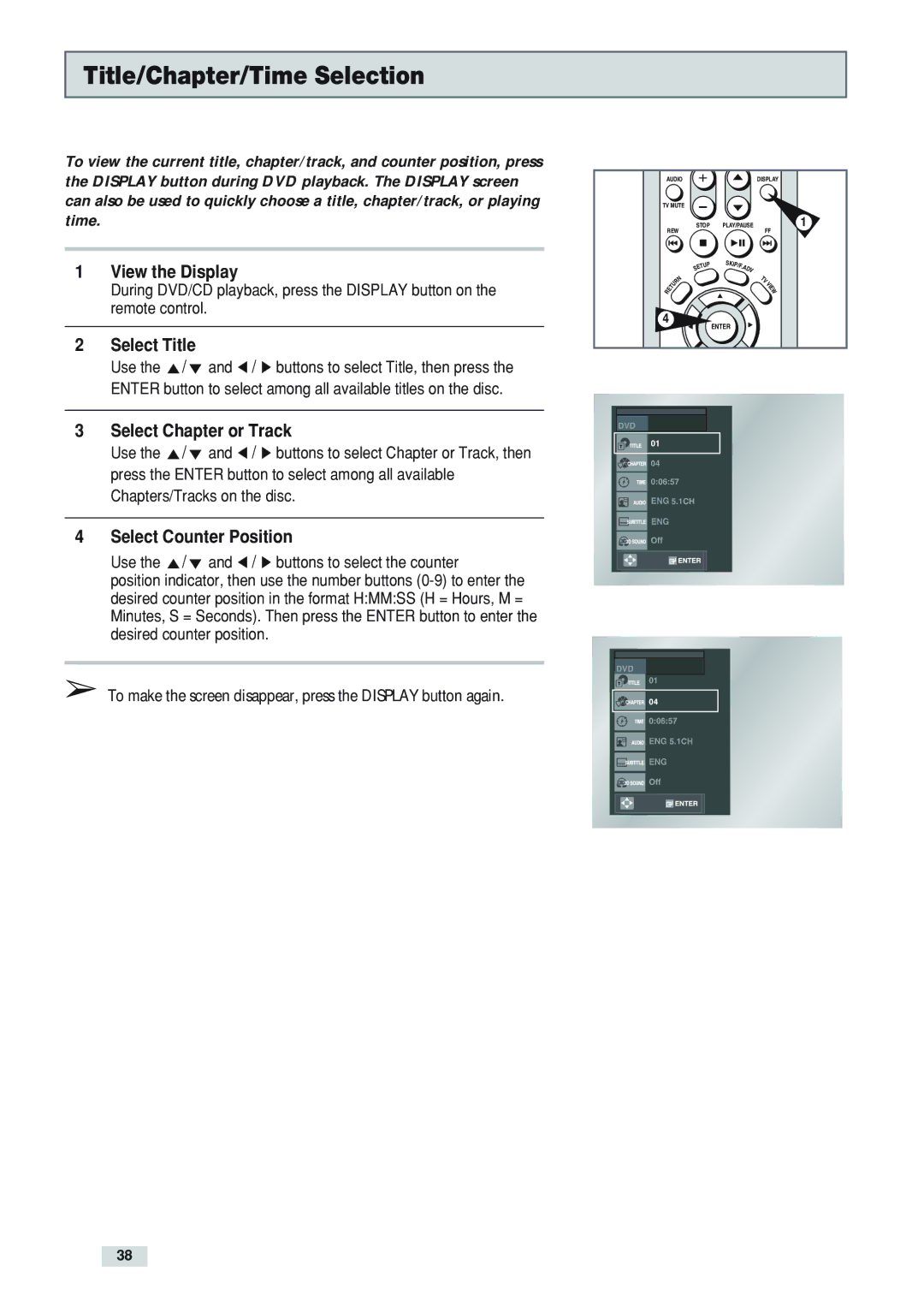 Go-Video DV2130 manual Title/Chapter/Time Selection, View the Display, Select Title, Select Chapter or Track 