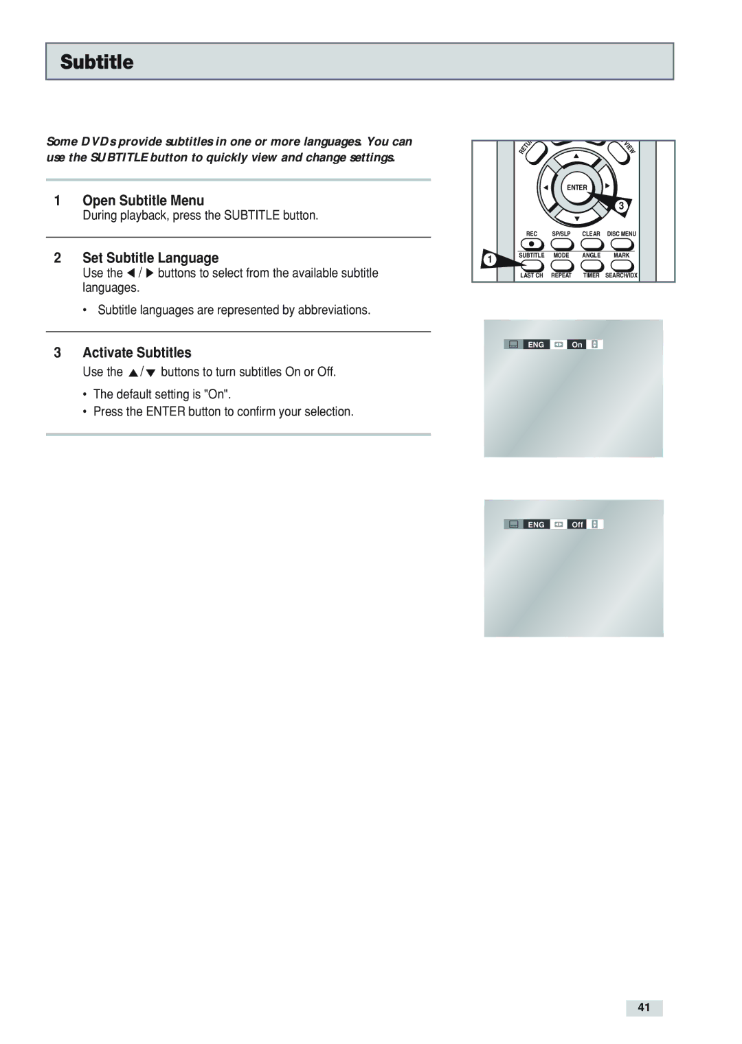 Go-Video DV2130 manual Open Subtitle Menu, Set Subtitle Language, Activate Subtitles 