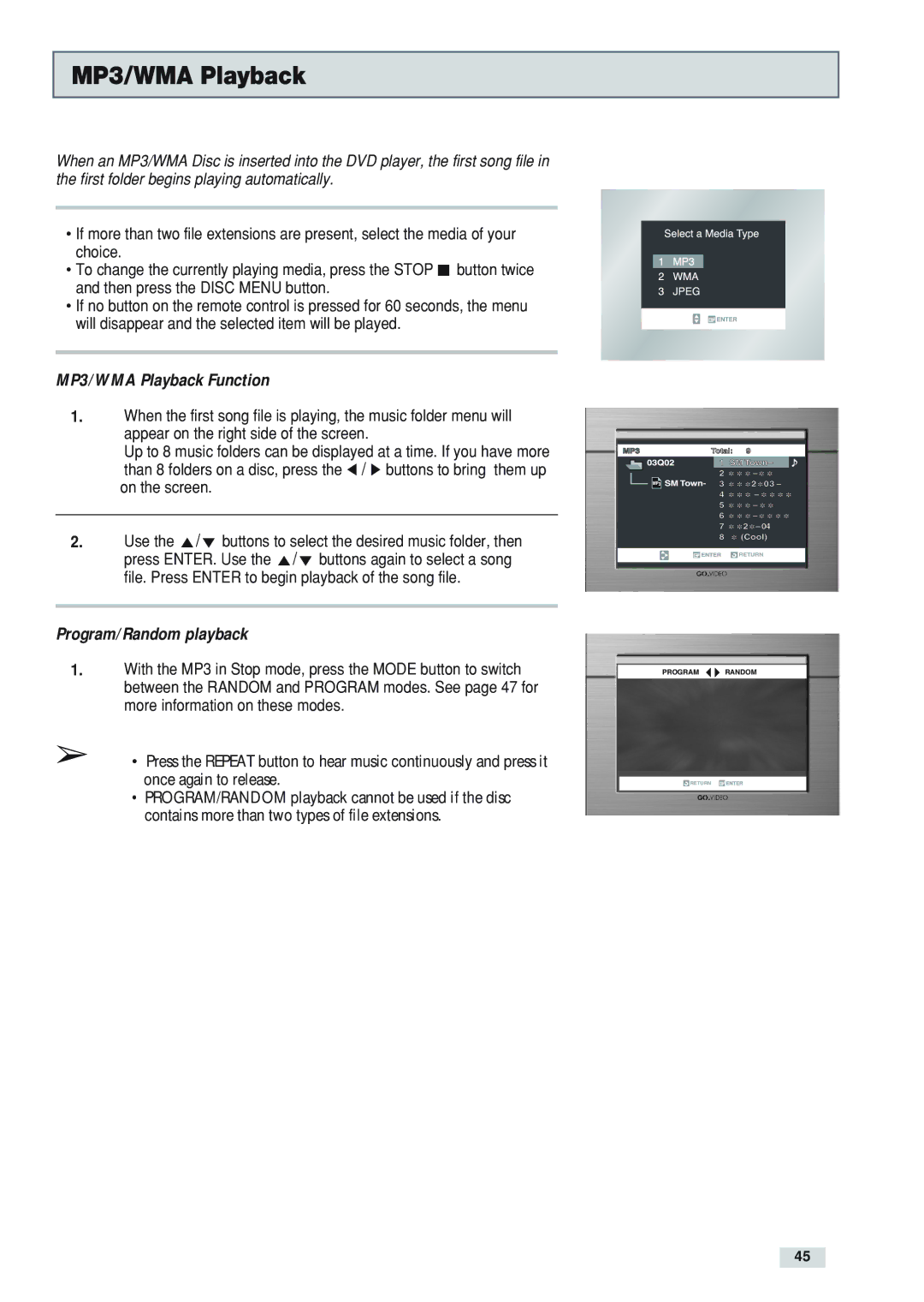 Go-Video DV2130 manual MP3/WMA Playback Function 