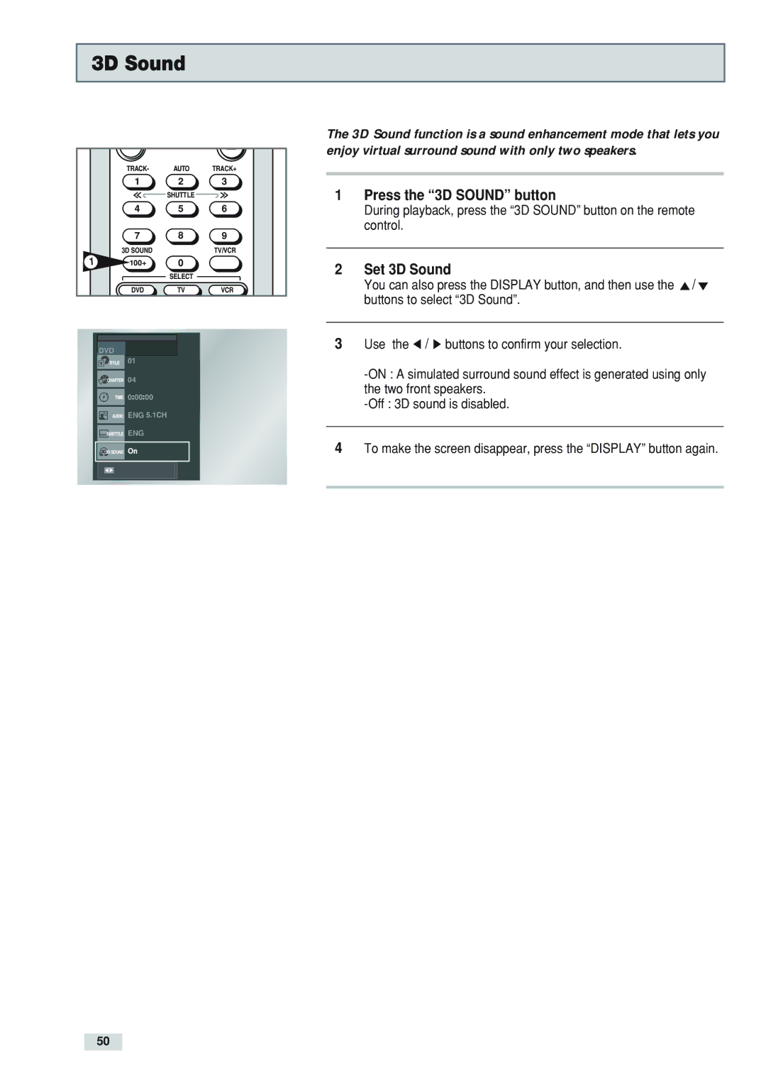 Go-Video DV2130 manual Press the 3D Sound button, Set 3D Sound 