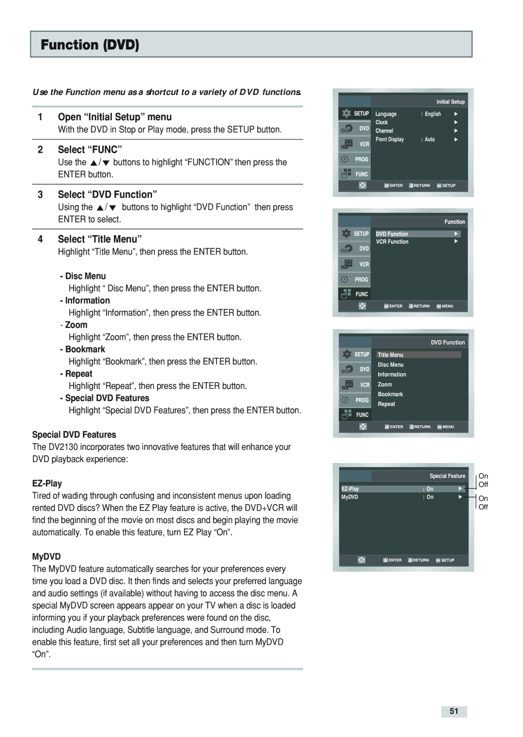 Go-Video DV2130 manual Function DVD, Select Func, Select DVD Function, Select Title Menu 