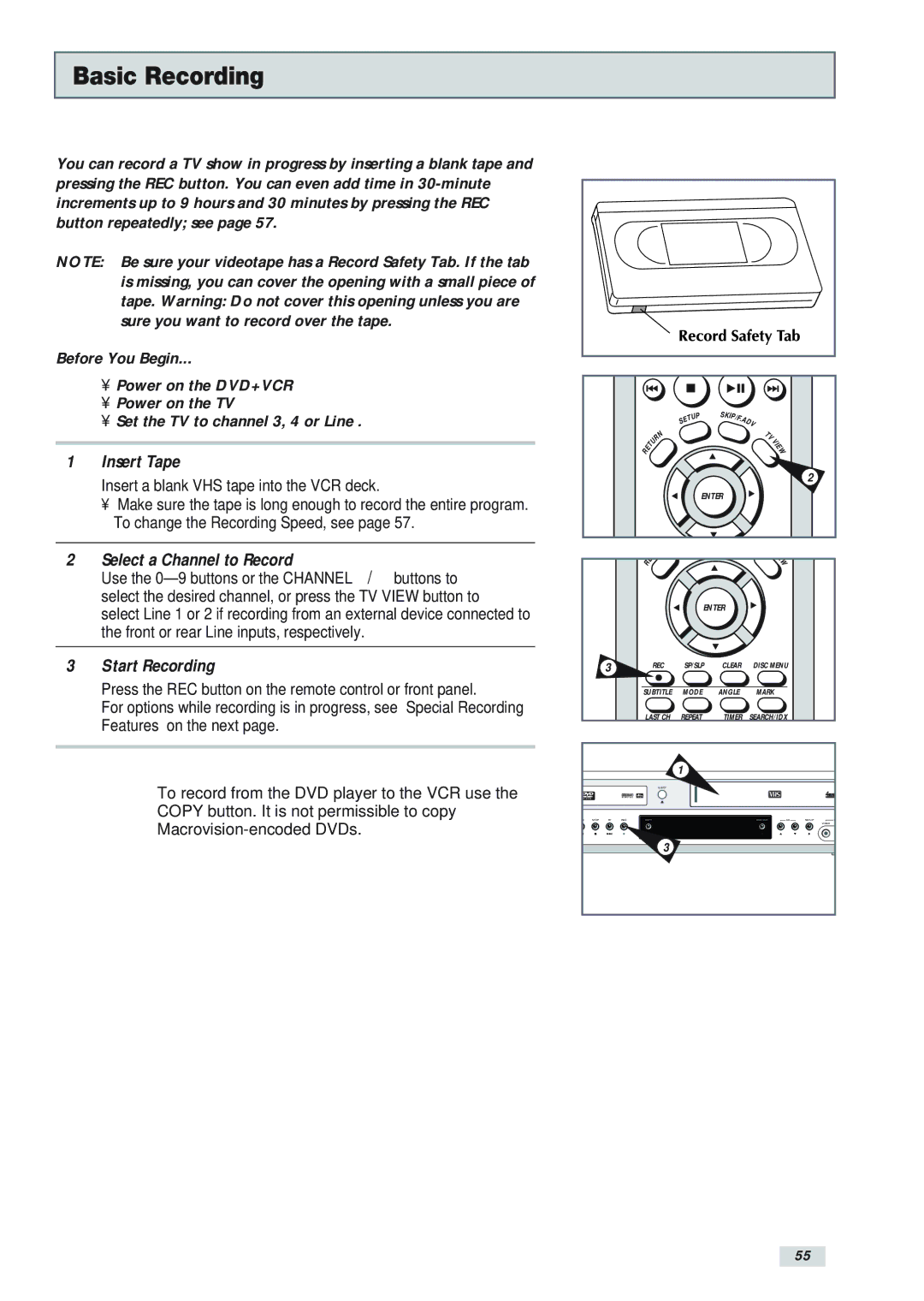 Go-Video DV2130 manual Basic Recording, Insert Tape, Select a Channel to Record, Start Recording 