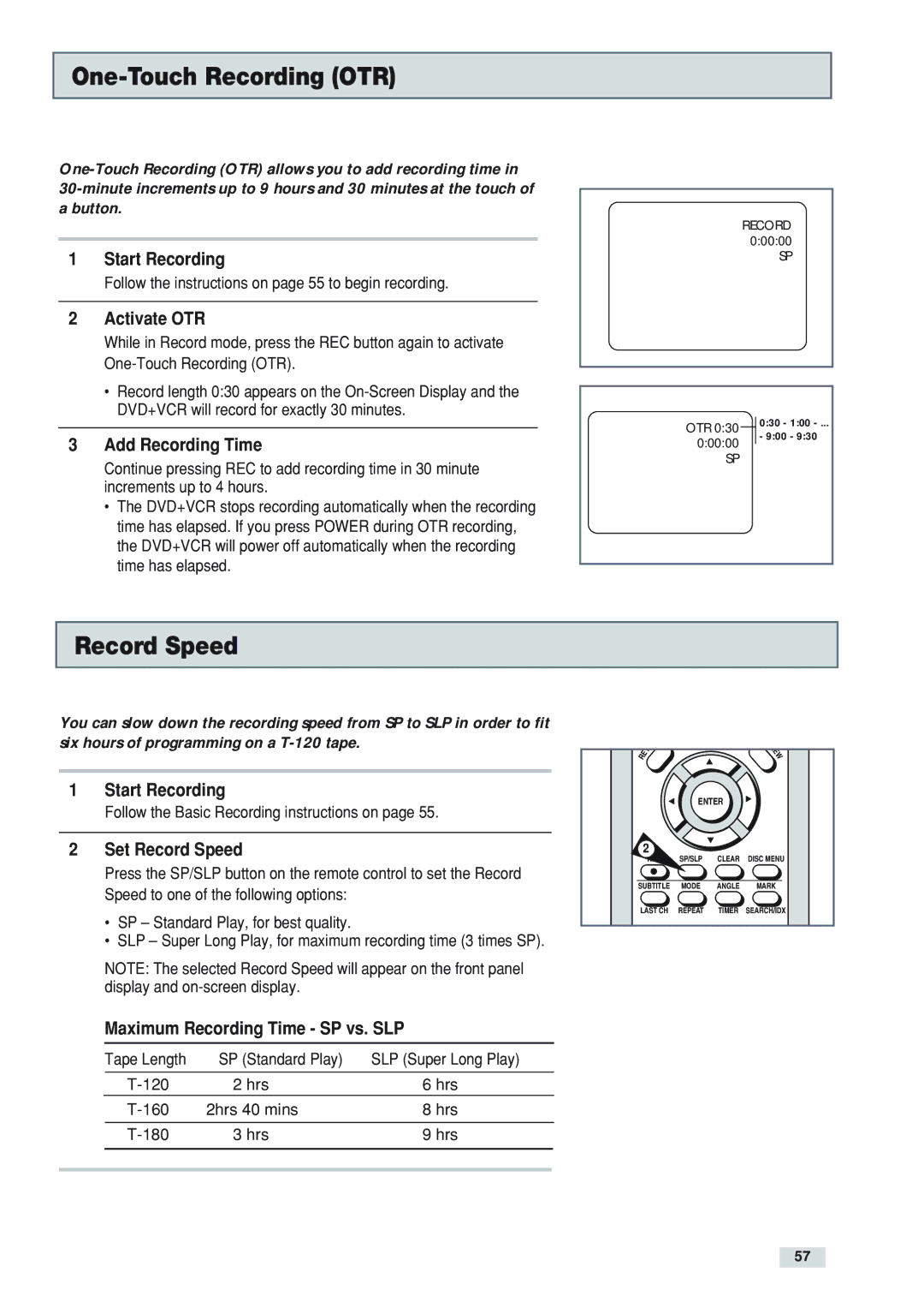 Go-Video DV2130 manual One-Touch Recording OTR, Activate OTR, Set Record Speed, Maximum Recording Time SP vs. SLP 