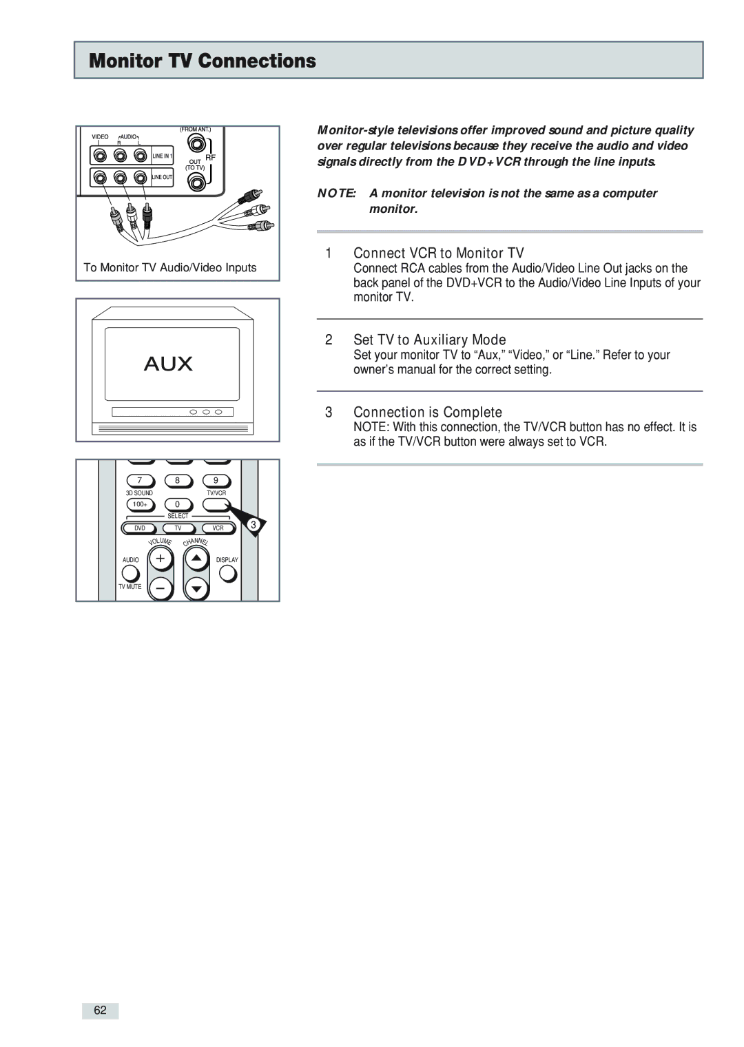 Go-Video DV2130 manual Monitor TV Connections, Connect VCR to Monitor TV, Set TV to Auxiliary Mode Connection is Complete 