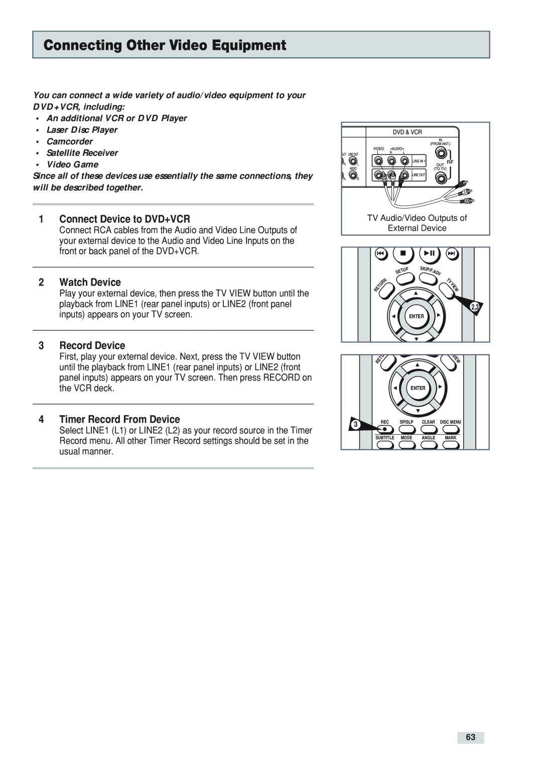 Go-Video DV2130 manual Connecting Other Video Equipment, Connect Device to DVD+VCR, Watch Device, Record Device 