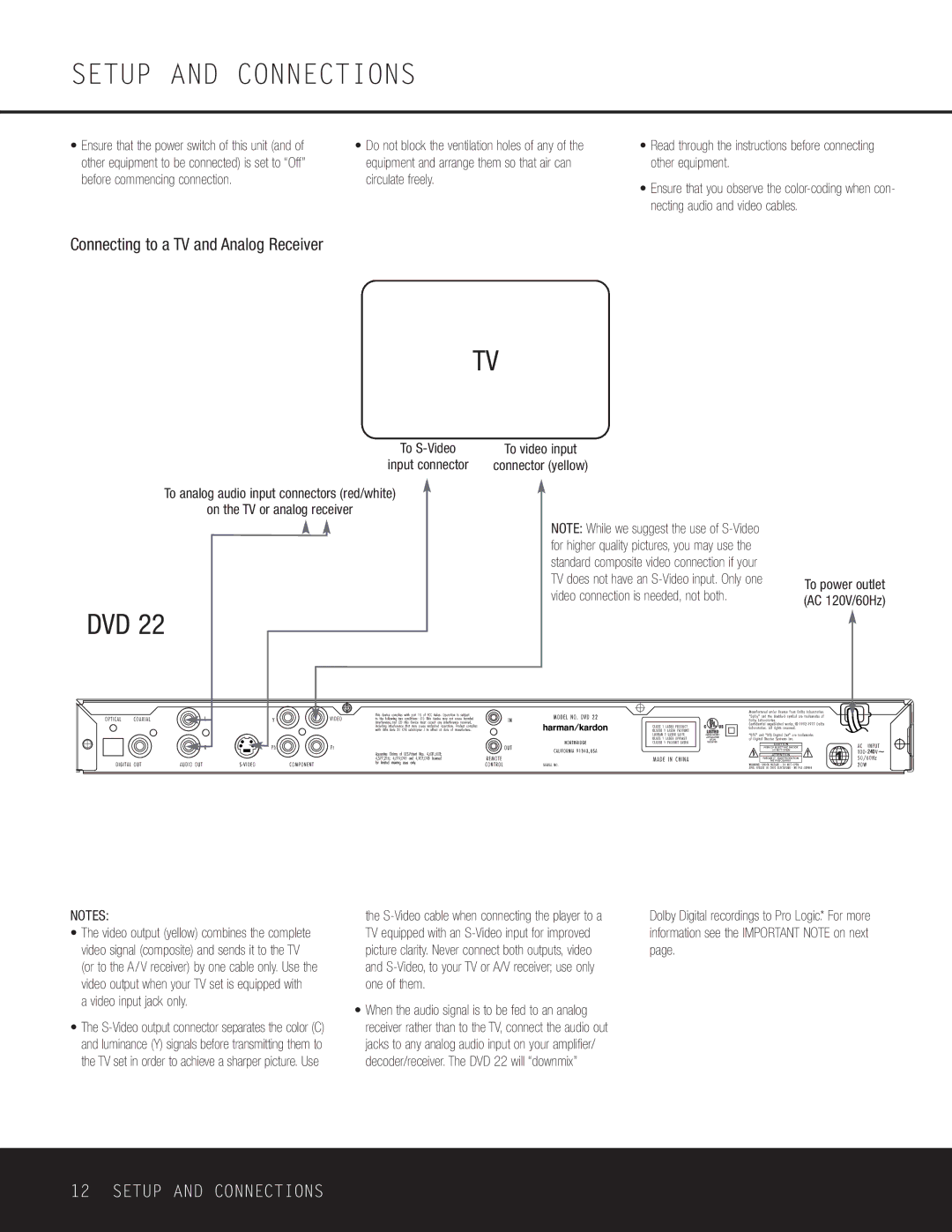 Go-Video DVD 22 owner manual Setup and Connections, Connecting to a TV and Analog Receiver, To video input Connector yellow 