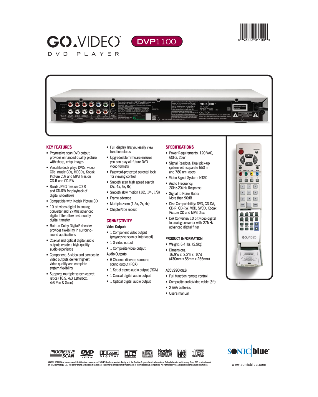 Go-Video DVP1100 Key Features, Connectivity, Specifications, Frame advance Multiple zoom 1.5x, 2x Chapter/title repeat 
