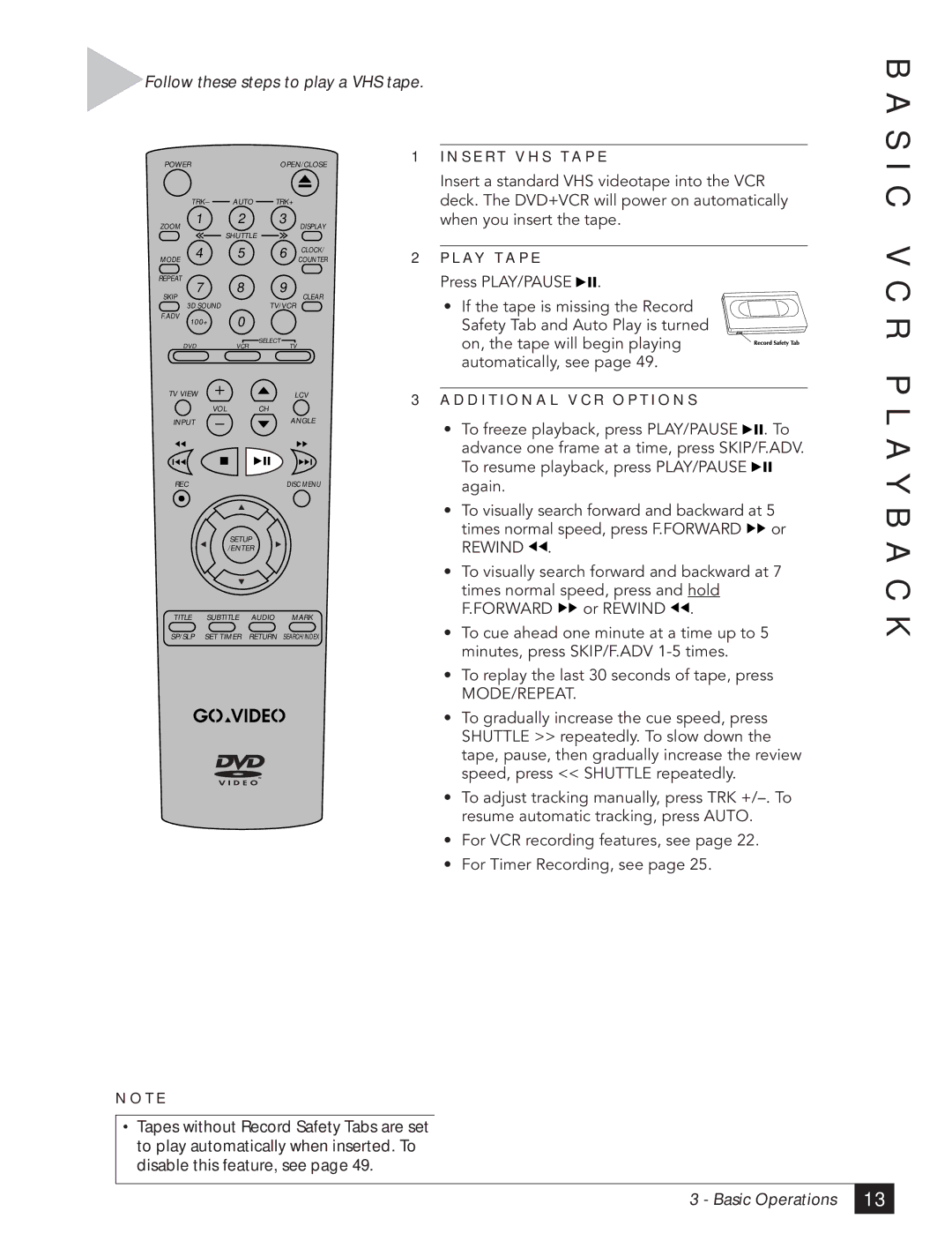 Go-Video DVR 4550 manual S I C V C R P L a Y B a C K, Follow these steps to play a VHS tape, Basic Operations 