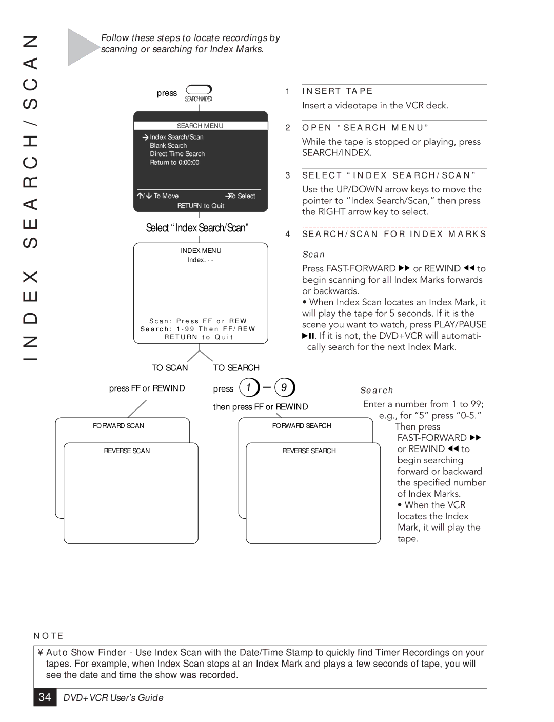 Go-Video DVR 4550 manual D E X S E a R C H / S C, Select Index Search/Scan, P E N S E a R C H M E N U 