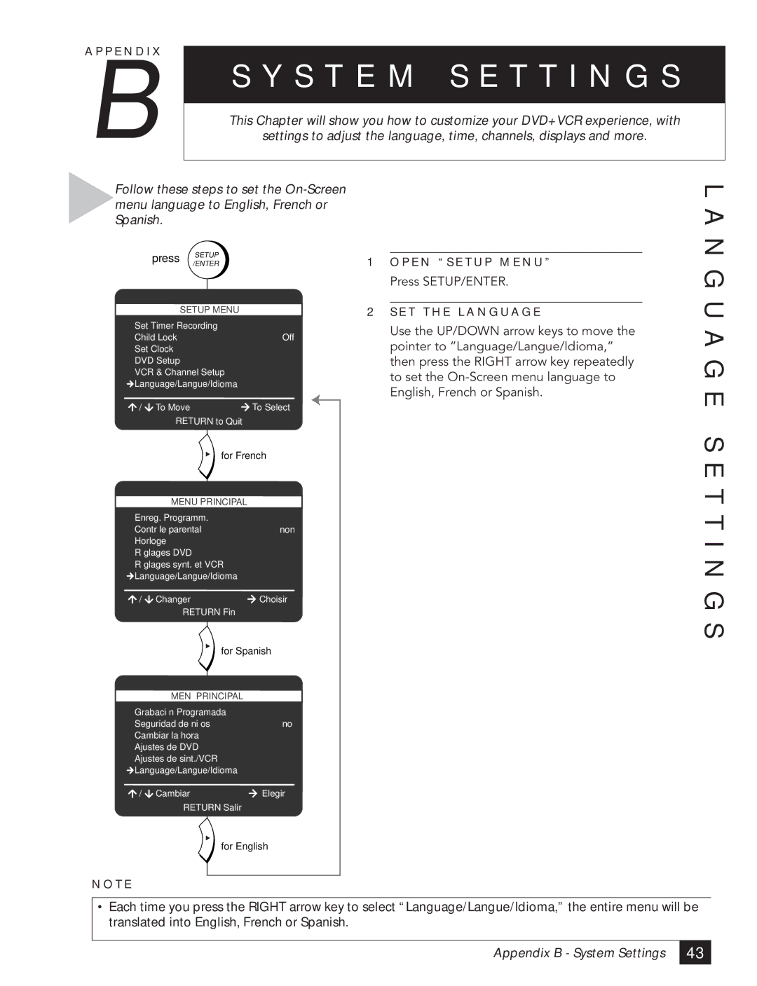 Go-Video DVR 4550 manual S T E M S E T T I N G S, N G U a G E S E T T I N G S, Appendix B System Settings 