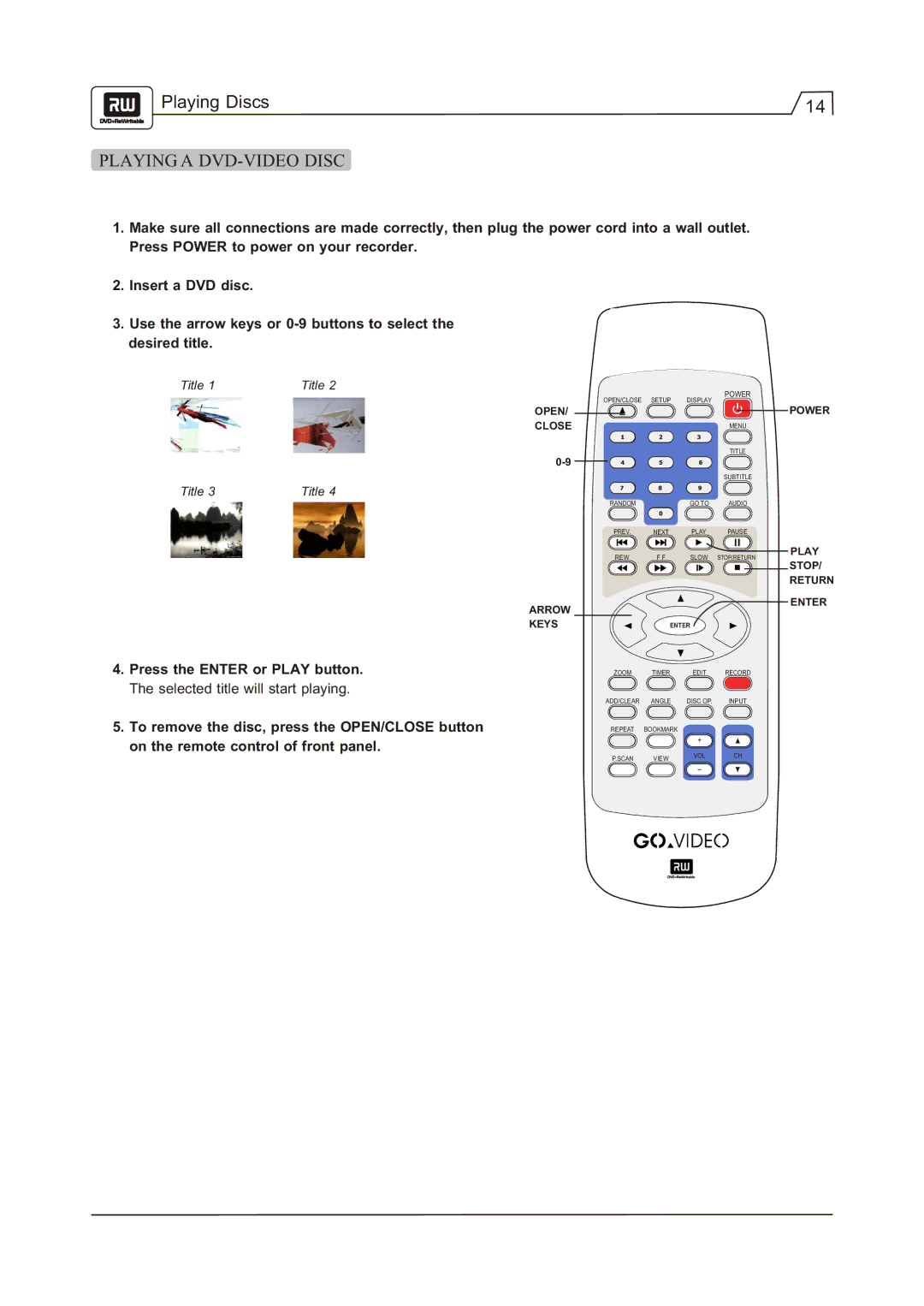 Go-Video R 6640 manual Playing Discs, Playing a DVD-VIDEO Disc 