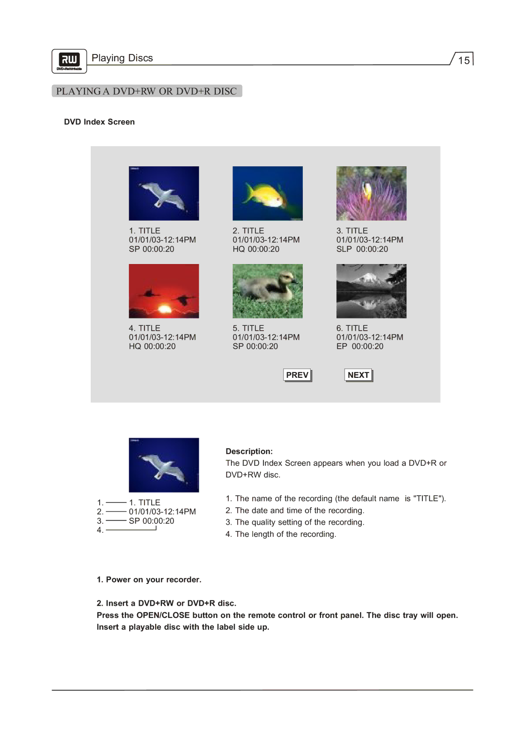 Go-Video R 6640 manual Playing a DVD+RW or DVD+R Disc, DVD Index Screen 